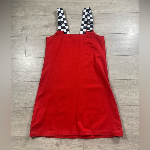 Lazy Oaf Checkered Buckle-Strap Pinafore Red Mini Dress - Picture 6 of 15